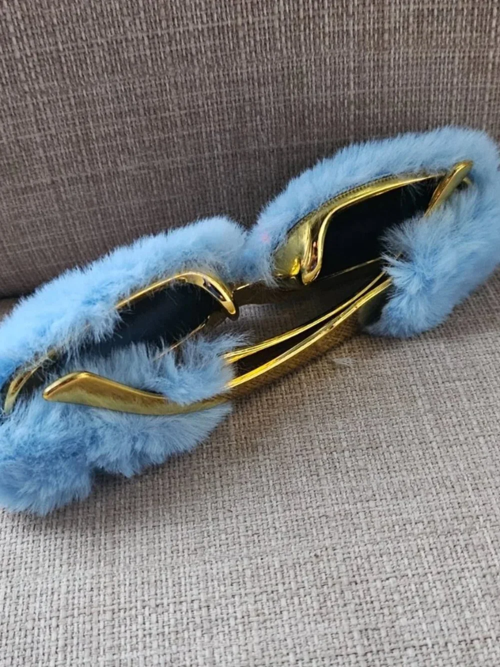 Women Sunglasses Blue Fuzzy Faux Furry Plush Gold Tone Temple Funky Eyewear